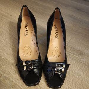 Anyi Lu Black Patent Leather Peep- Toe Pump 38.5.